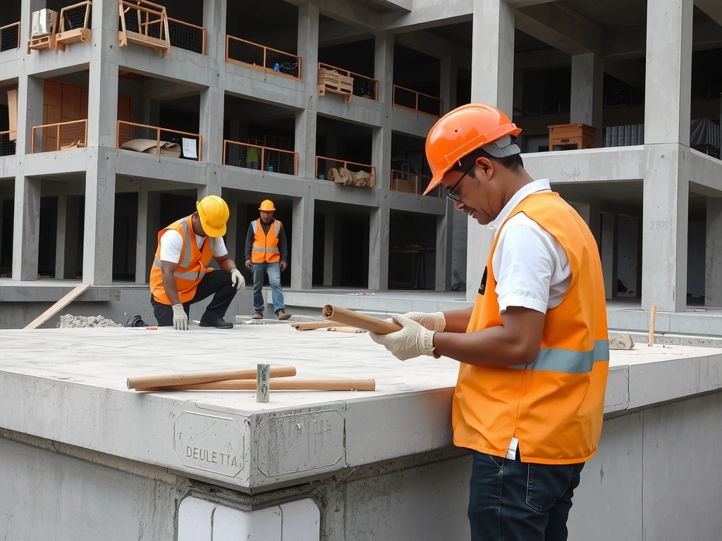 Skilled construction workers and craftsmen at work