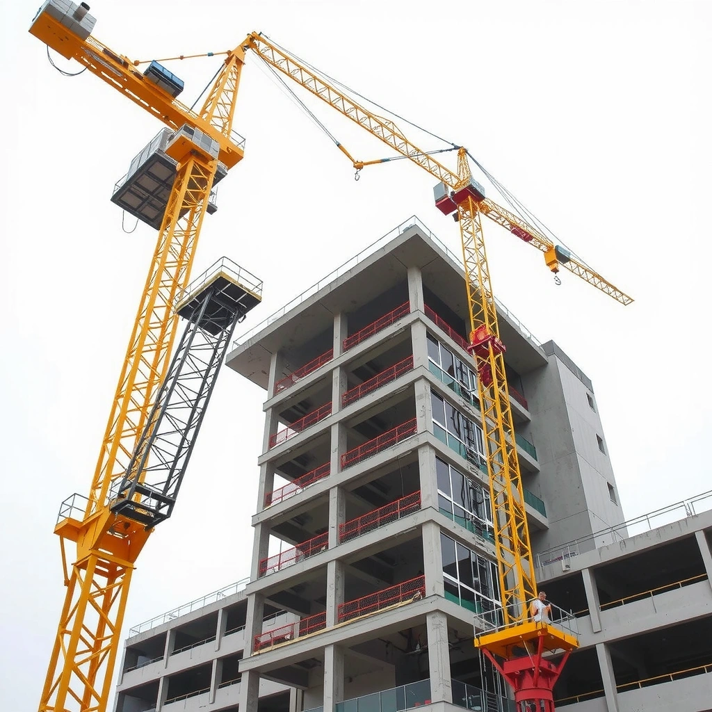 Commercial construction project showing modern office building under construction with cranes and construction workers