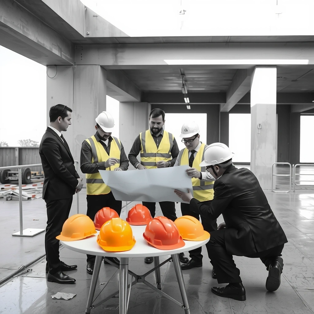 Construction team meeting on Philippine construction site with project blueprints and safety equipment
