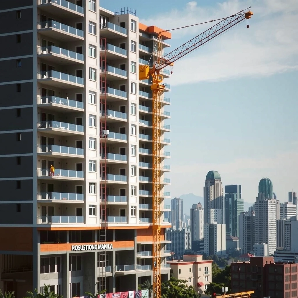 High-rise residential construction project in Metro Manila with construction crane and modern apartment building