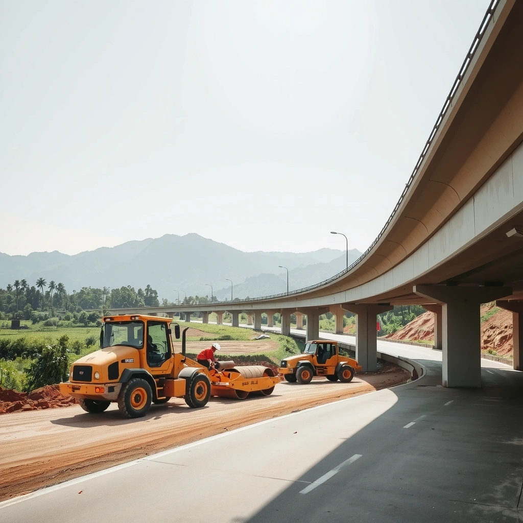 Infrastructure project showing road construction and bridge building in Philippine countryside with workers and heavy equipment