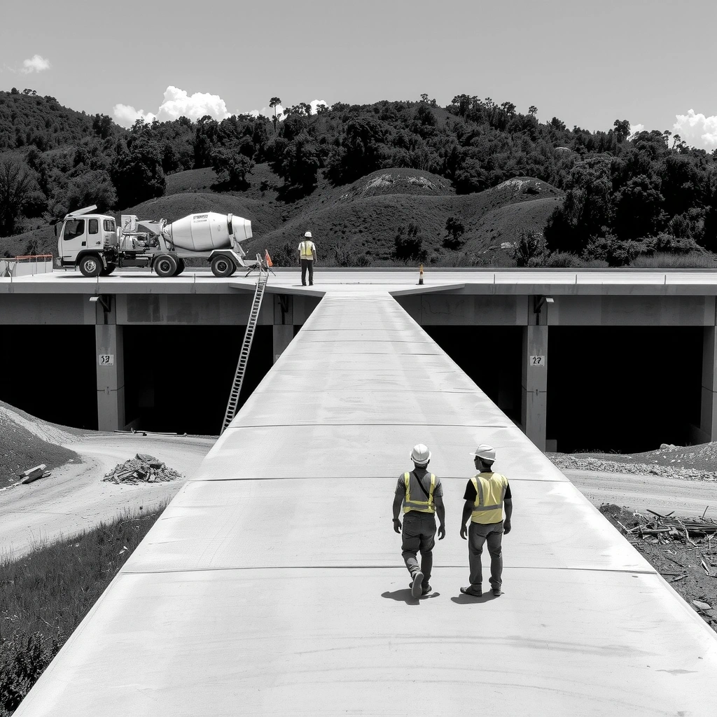 Infrastructure project showing bridge construction in rural Philippines with construction equipment and workers