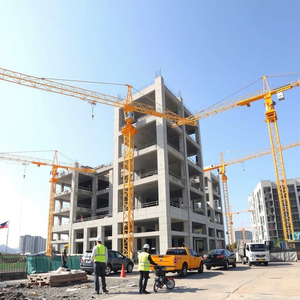 Modern construction site in Philippines with workers and cranes building high-rise development