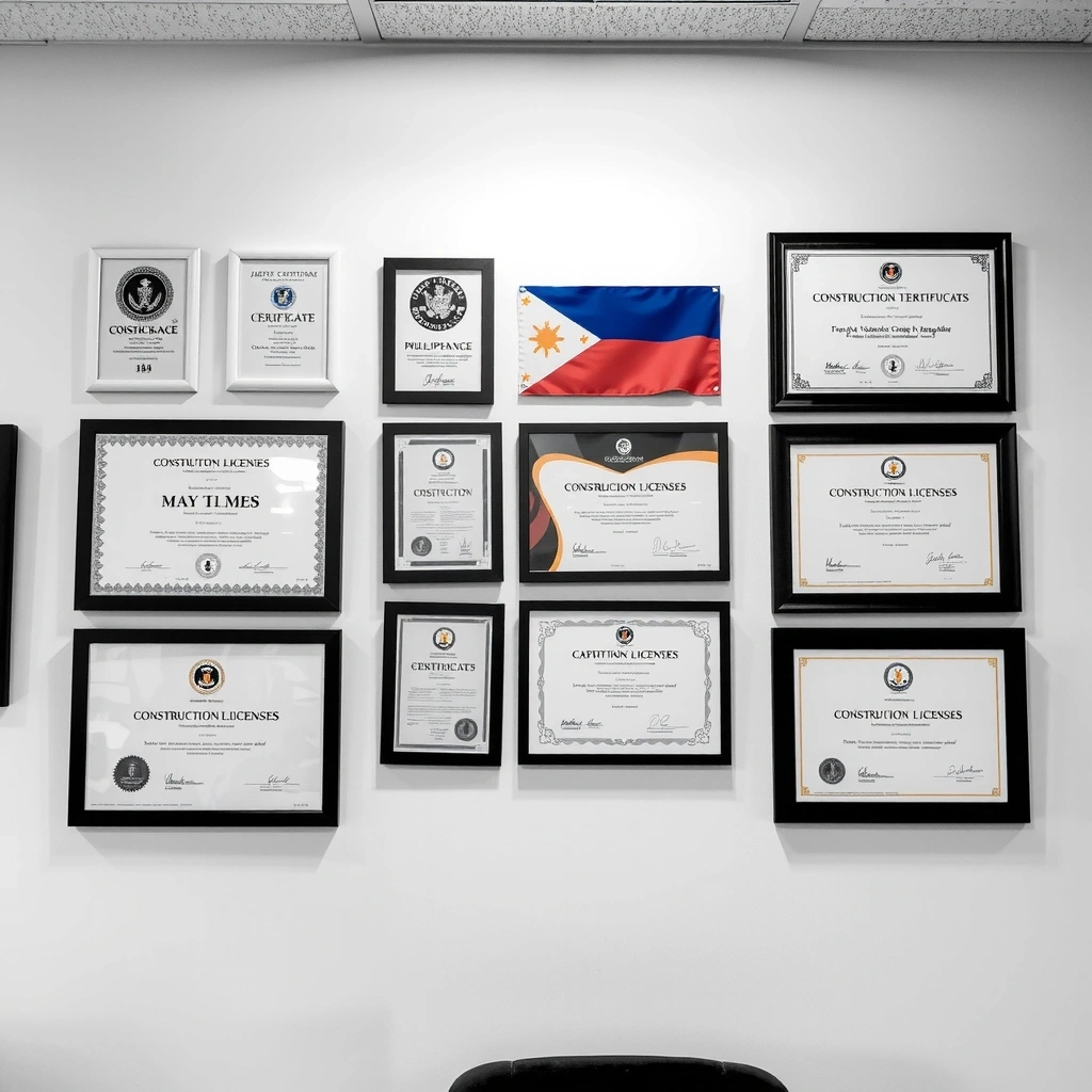 Professional construction certification and licenses display with Philippine government credentials
