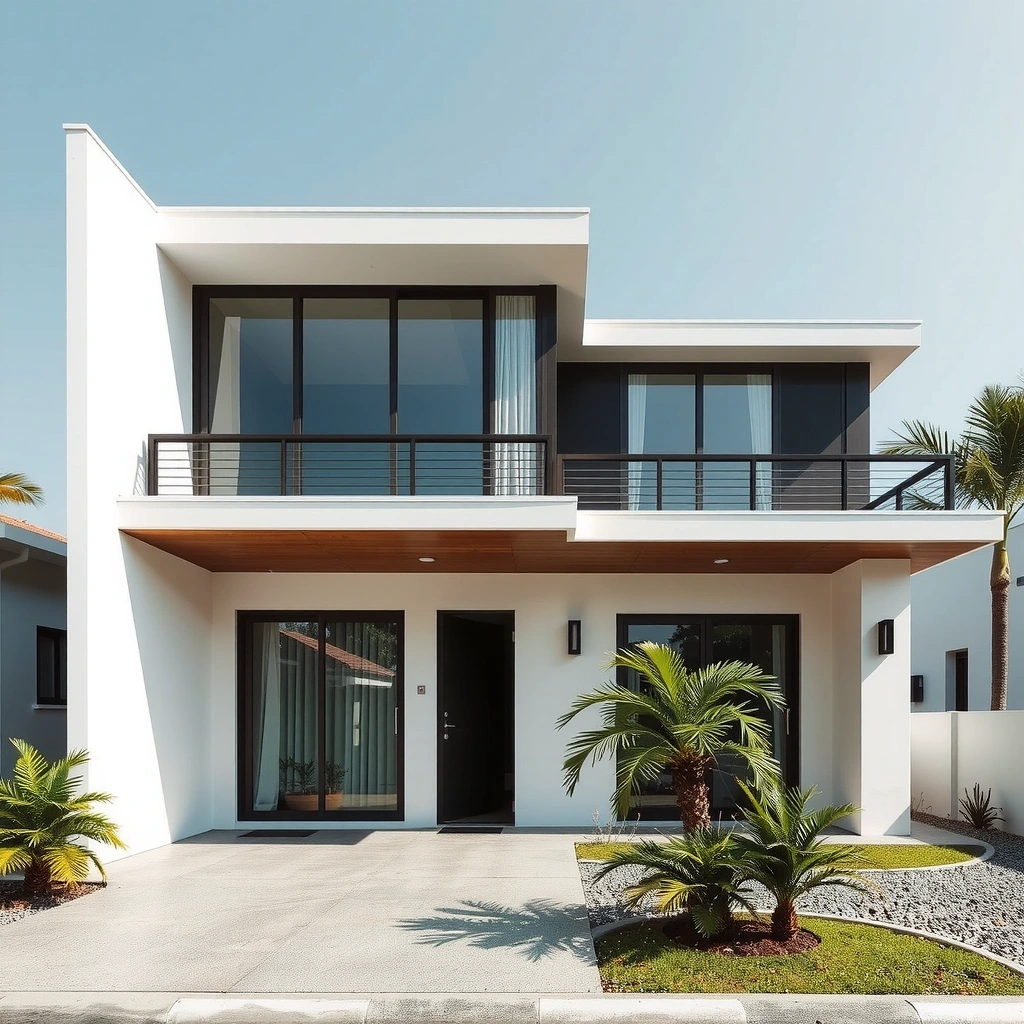 Residential construction project showing completed modern house in Philippine neighborhood with lush tropical landscaping