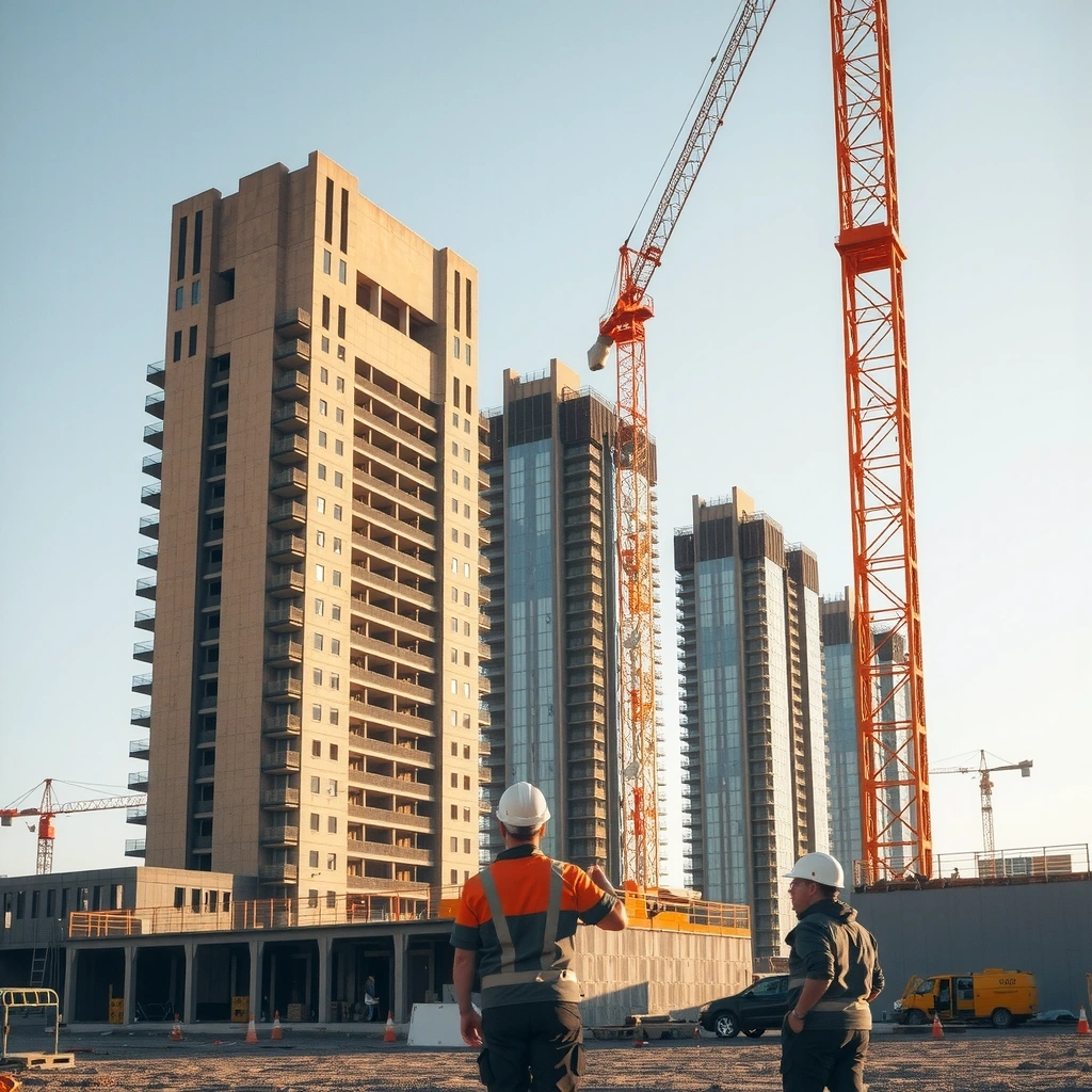 Modern construction site with skyscrapers and workers